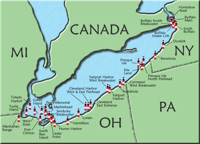 lake erie on us map Lake Erie Lighthouse Map lake erie on us map